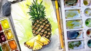 Как нарисовать ананас. Как рисовать акварелью. Рисую акварелью. Скетчинг для новичков.