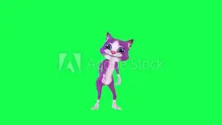 3d animated purple cat watering plants with people from opposite angle on green screen