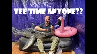 Popping Inflatable Shark Ride On and Flamingo Ring with Golf Tees!