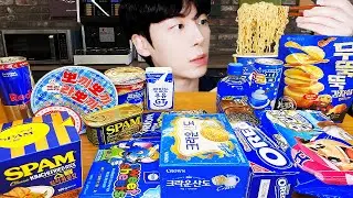 ASMR MUKBANG | BLUE FOOD HONEY JELLY CANDY Desserts(SPAM, Noodles Jelly, chocolate)Convenience store