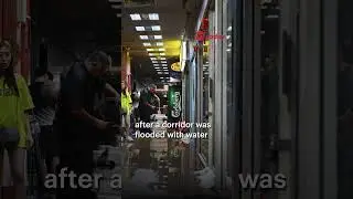 Workers clean up water puddles after fire at Golden Mile Tower