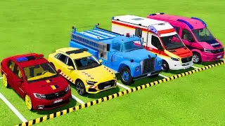 POLICE CARS, AMBULANCE VEHICLES, FIRE DEPARTMENT TRANSPORTING WITH TRUCKS ! Farming Simulator 22