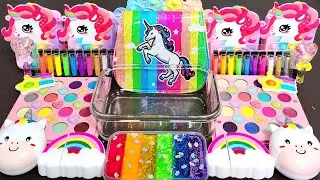 ASMR UNICORN RAINBOW Slime Mixing Makeup,Parts, Glitter Into Slime!#ASMR#satisfying#slime