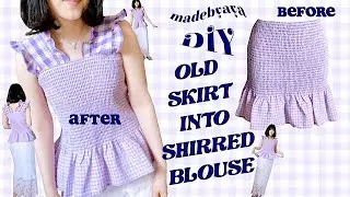 Refashion DIY Skirt into SHIRRED BLOUSE cute summer outfit 古着リメイク 手作り服ㅣmadebyaya