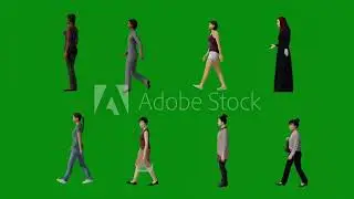 Green screen people background 3D people walking sideways Chromakey rendering animation