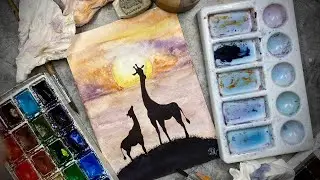 Мама жираф и её малыш. Как нарисовать силуэт. Как нарисовать жирафа акварелью.