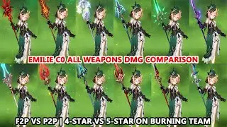 Emilie C0R1 All Weapons DMG Comparison : F2P Vs P2P | 4-Star vs 5-Star on Burning Team