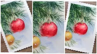 Мастер-класс  НОВОГОДНЯЯ  ОТКРЫТКА акварелью своими руками - ёлочные шары. Christmas card.