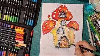 Drawing ‘Mushroom House’ with watercolour felt-tip pens. Рисуем Домик гриб акварельными фломастерами