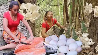 Wild bamboo shoot with Mushroom duck egg, Yummy Salmon, Catch fish in River for food, +6 video