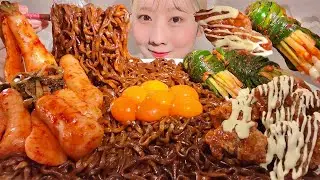 ASMR Jajangmyeon Spicy Korean Fried Chicken Kimchi【Mukbang/ Eating Sounds】【English subtitles】