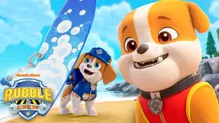 Rubble Goes Surfing at the Beach! w/ Wheeler, Charger & Mix | Rubble & Crew