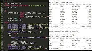 PLSQL procedure to generate report of employees hired in a given year  (Using Cursors Demo-5)