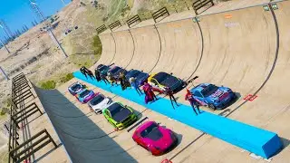 Spidermans and CARS Super-Heroes Super Challenge on Ramp GTA V!Супер Герои новая рампа опасный спуск