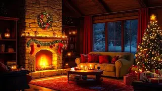 Relaxing Christmas Music Ambience w/ Crackling Fireplace 🎄 Cozy Christmas Cabin w/ Snow Falling