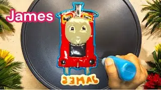 James the red engine Pancake Art - Cartoon Character, Train Cartoon, Pancake@rainbowpancakeart