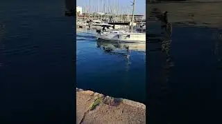 Барселона.Яхта плывёт в доль берега.