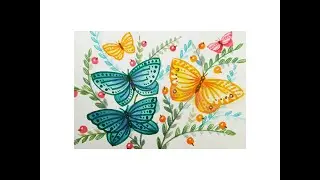 Яркие бабочки - простой рисунок акварелью и фломастерами.