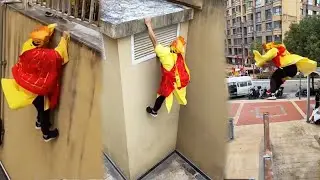 Tang Monk Uses Qinggong To Play Tricks On The Security Guard#parkour#skate#still