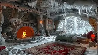 Enchanting Winter Cave Ambience: Cozy Fireplace, Whistling Wind, and Snowstorm Sounds for Deep Sleep