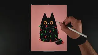Holiday Cat Digital Drawing on iPad in Procreate (