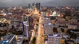 New Arbat street from above flight Over. Lights of Moscow [Drone 4K 60fps]