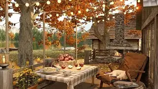 Autumn Porch in Cozy Forest by the Lake with Outdoor Fireplace, Falling Leaves and Relaxing Ambience