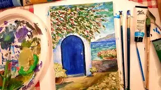Greek landscape. House by the sea//  Греческий пейзаж.  Домик у моря. Рисуем акрилом.// בית על הים