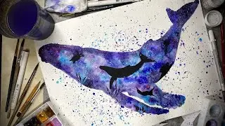 Силуэтная заливка кит. Рисуем акварелью. Скетчинг для новичков.