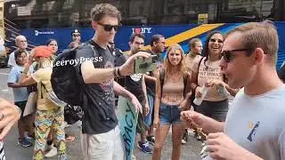 A man comes off the streets and starts mocking the activists and eat meat in front of the activists