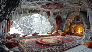 Winter Snowstorm in the Cave ❄️ Fireplace Crackle & Howling Blizzard Sounds for Relaxing, Deep Sleep