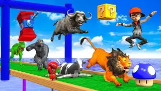 Wild Animals Animal Obstacle Game With  Mammoth Cow Scary Teacher Boy Gorilla cow T-Rex Lion