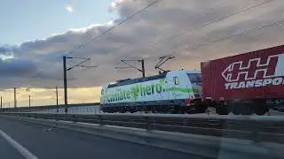 4K: Freight train in Denmark on the The Great Belt bridge
