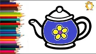 How to draw a teapot. Coloring page/Drawing and painting for kids. Learn colors.