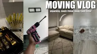 MOVING VLOG: $500 Wayfair Couch, Unboxing my things, Kitchen Set Up, Mounting My TV + MORE