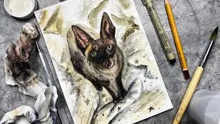 Как нарисовать кота. Как нарисовать лысого кота. Лысый котик. Акварель. Скетчинг.