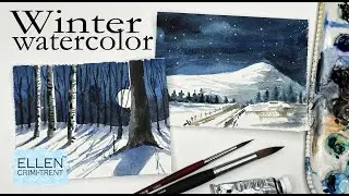 Winter Moonlight Watercolor Landscapes