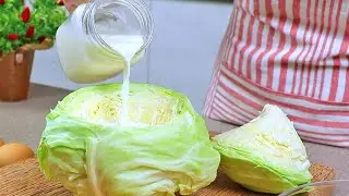 Roasted cabbage with milk, bacon and cheese. Easy and delicious recipe!