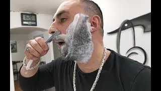 BARBER TURKO DOING WET SHAVE WITH CUT TROAT RAZOR AND HOT TOWEL WAX ASMR