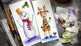 Рисую Снеговичка и лосика. Рисую акварелью. Скетчинг для новичков.