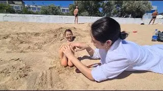 Reflexology Project Ep 1! Preview! Alena Tickles Dasha! Buried in the Sand Feet Tickling in Public!
