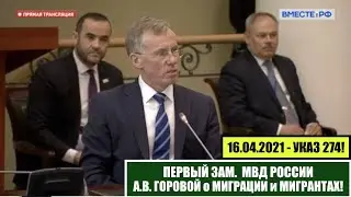 Первый заместитель МВД РОССИИ А.В. Горовой о миграции и мигрантах в России, УКАЗЕ 274. 16.04. 21