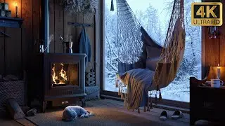 Cold morning alone in a warm winter cabin, Relaxing by fireplace and coffee are ready to drink [4K]