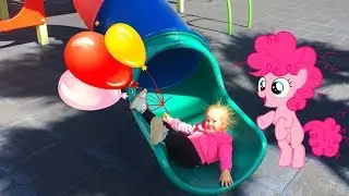 🎈 Cute Baby with Pinkie Pie playing and Learn Colors with Balloons on the outdoor playground