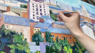 The process of oil painting on a large canvas