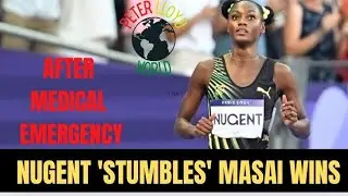 AFTER MEDICAL EMERGENCY ACKERA NUGENT STUMBLES IN 100M HURDLES FINALS. MASAI RUSSELL WINS!