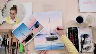 Как нарисовать яхту акварелью | Как нарисовать море на закате акварелью |  Акварель для начинающих