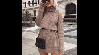 Danjeaner Autumn Winter Turtleneck Off Shoulder Knitted Sweater Dress Women Solid Slim Plus Size