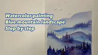 How to draw blue mountain landscape step by step. Free art lessons. Drawing tutorial for beginners.