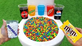 Experiment !! M&M CANDY vs Coca Cola, Sprite, 7UP, Sting, Fanta, And Mentos in Toilet